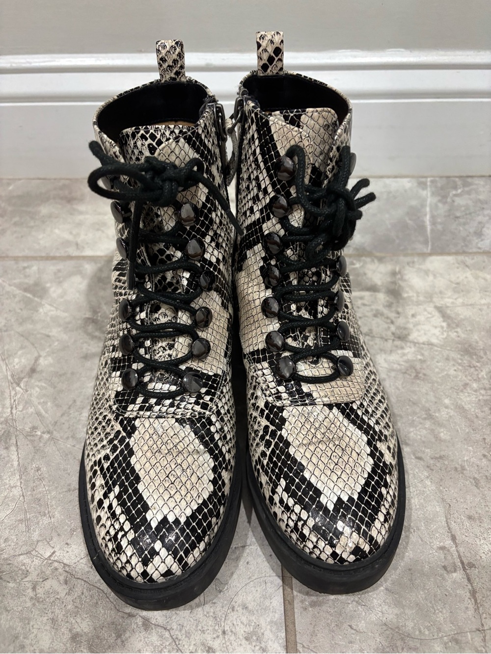 Paolo Snakeskin-Print Lace-Up Combat Boots - Black & Cream